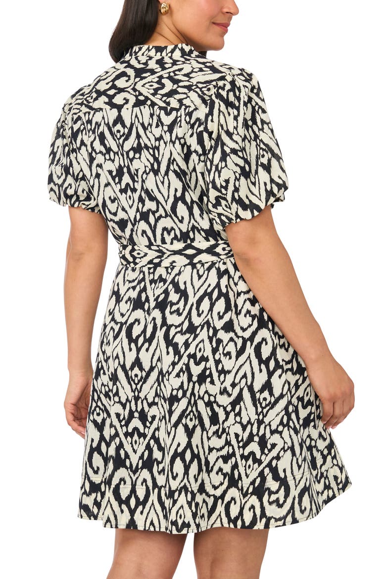 Ikat Print Puff Sleeve A-Line Minidress, Alternate, color, RICH BLACK