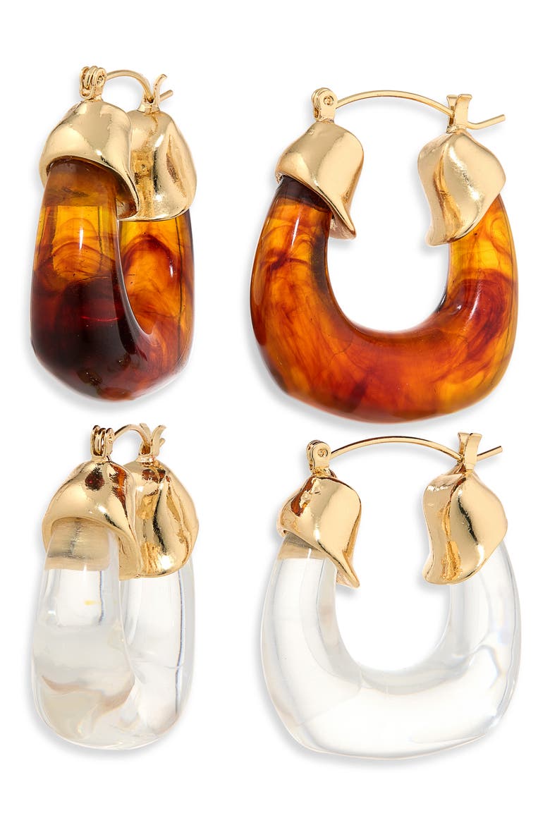 Set of 2 Resin Hoop Earrings, Main, color, CLEAR/ BROWN