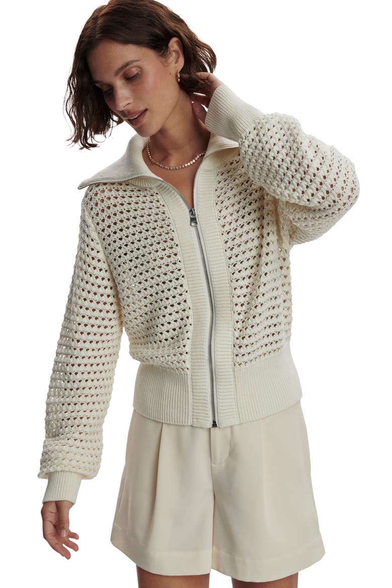 Eloise Open Stitch Cotton Zip-Up Cardigan, Alternate, color, EGRET