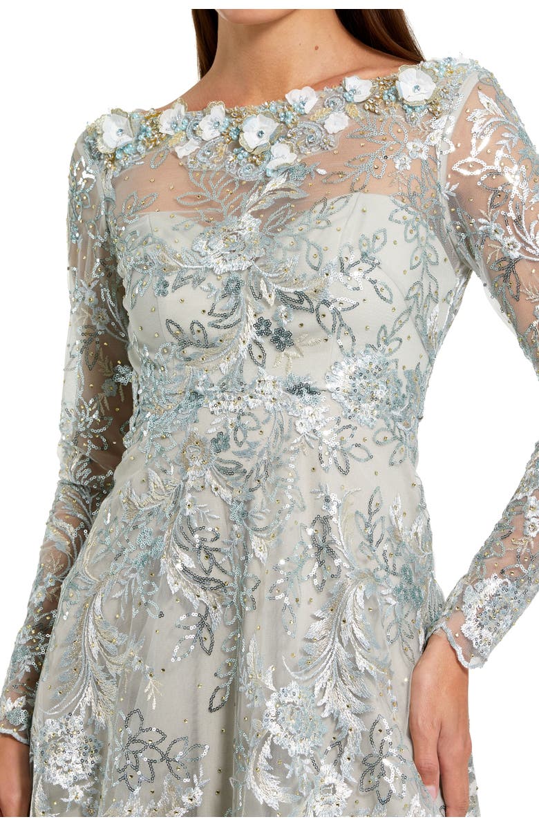 Mac Duggal Floral Embroidered Long Sleeve Midi Dress, Alternate, color, Mist