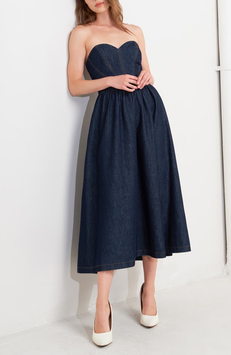 FREEMARKET Strapless Denim Midi Dress, Alternate, color, Denim