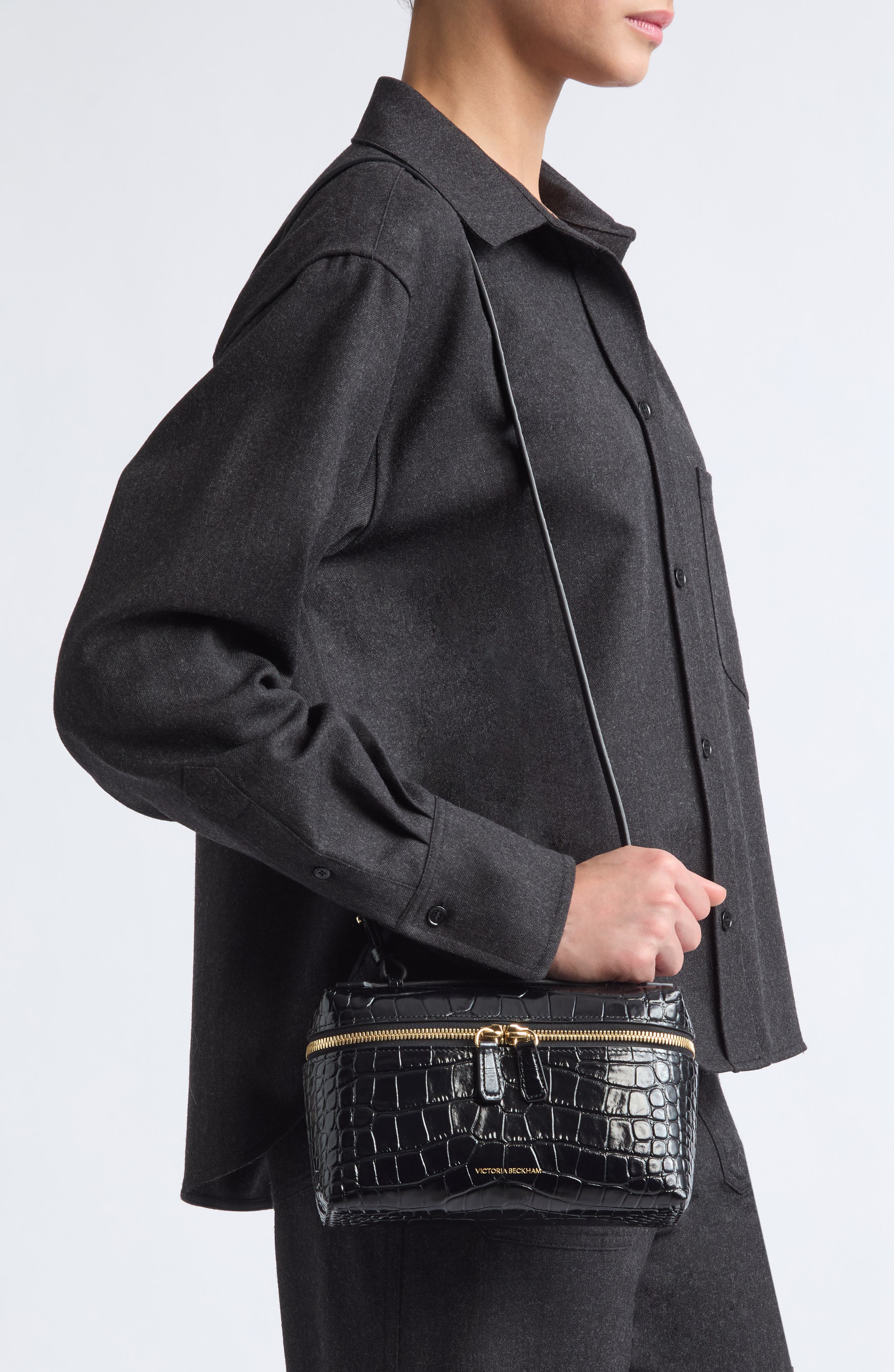 Dorian Croc Embossed Leather Vanity Case Bag, Alternate, color, BLACK
