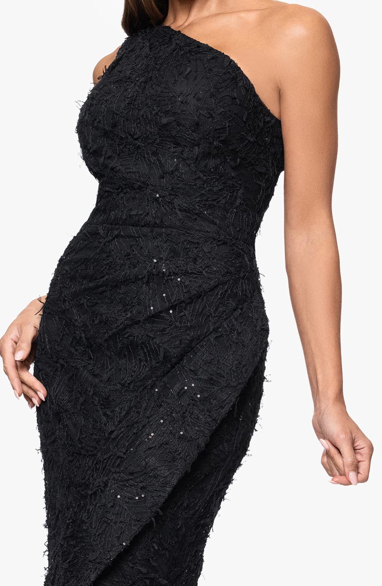 Xscape Evenings Sequin Embroidery One-Shoulder High-Low Gown, Alternate, color, Black
