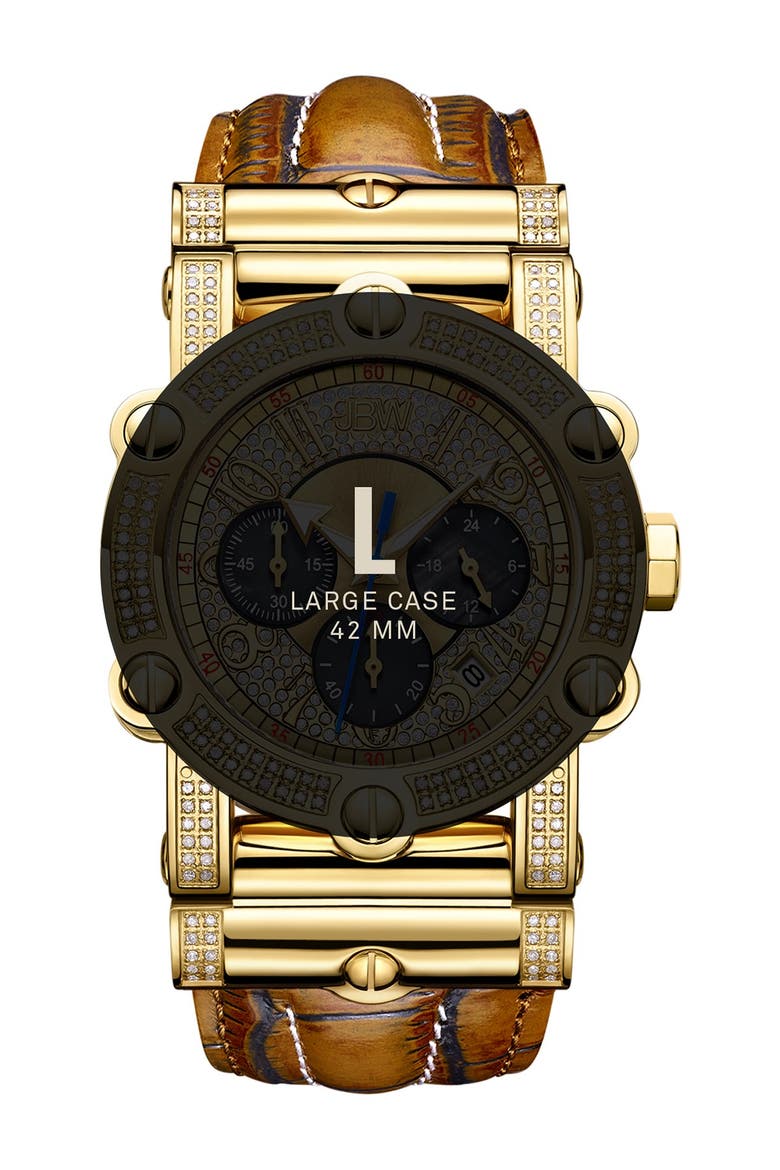 Phantom 10 Year Chronograph Diamond Croc Embossed Leather Strap Watch, 42mm - 1.96 ctw, Alternate, color, GOLD