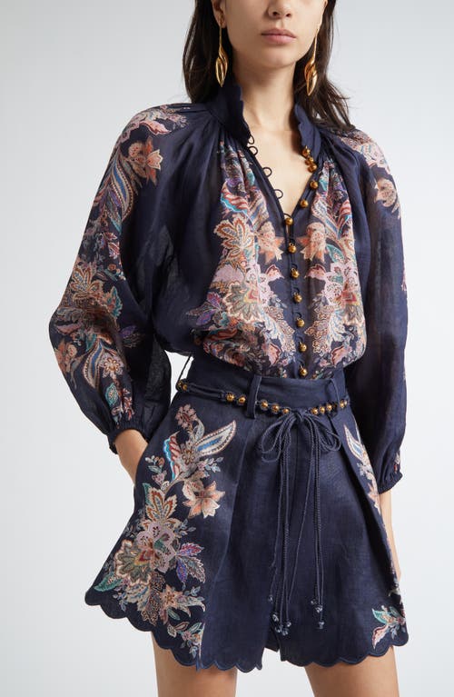Zimmermann Rhiannon Billow Blue Blouse With High Neck And All-over Paisley Print In Ramie Woman In Blue