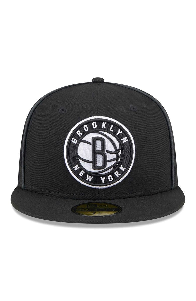New Era Men's New Era Black Brooklyn Nets Piped & Flocked 59Fifty Fitted Hat, Alternate, color, Black