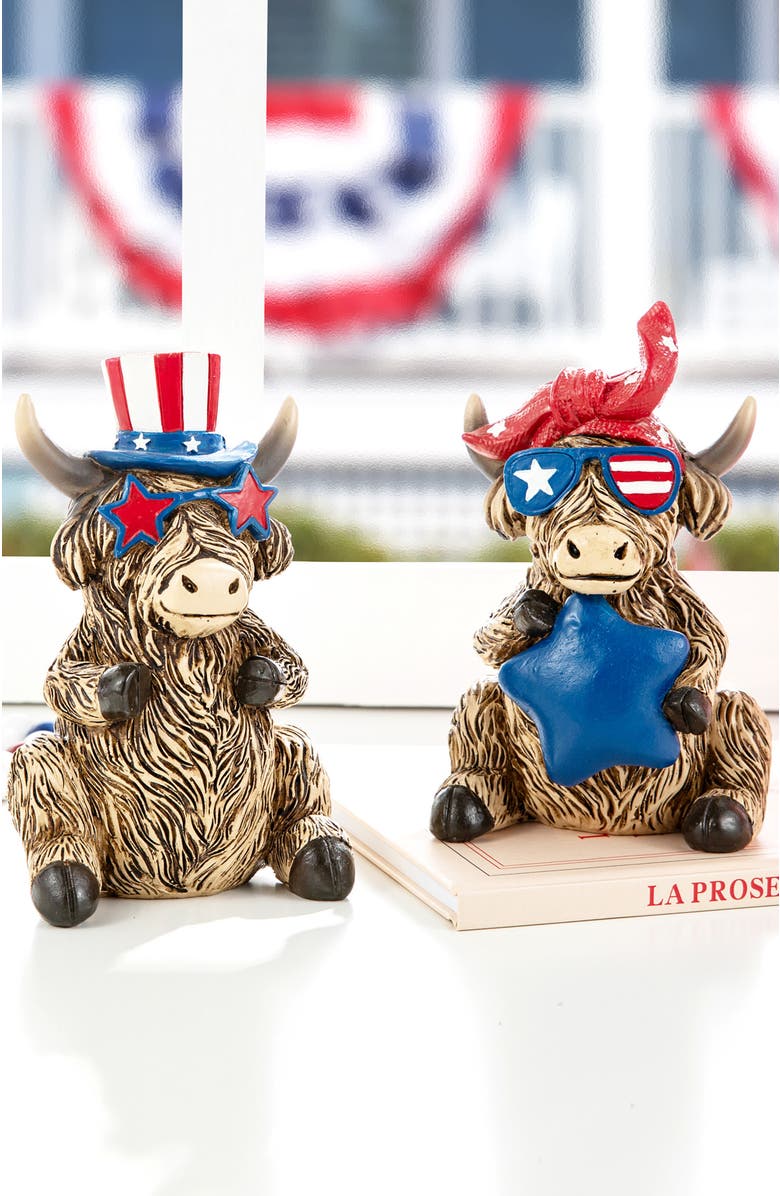 Glitzhome Set of 2 Patriotic Americana Resin Highland Cow with Stars Table Decor, Alternate, color, 