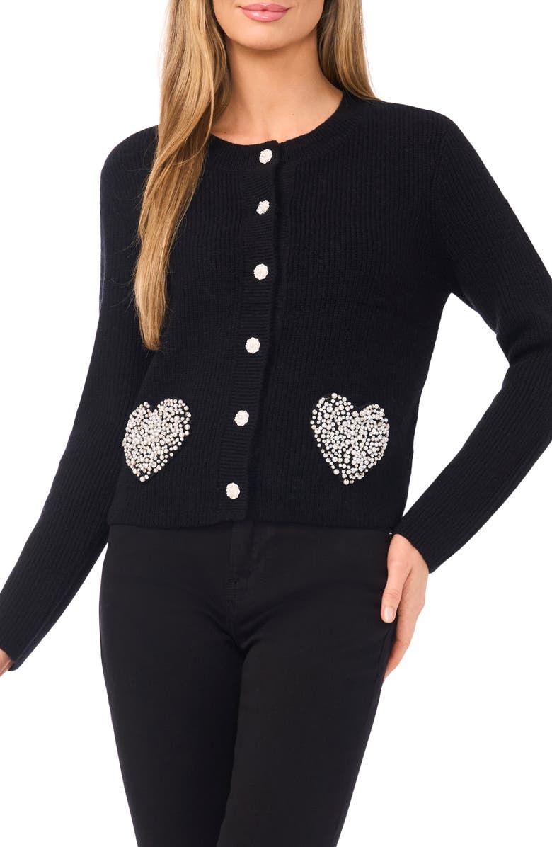 CeCe Rhinestone Heart Pocket Cardigan, Main, color, 