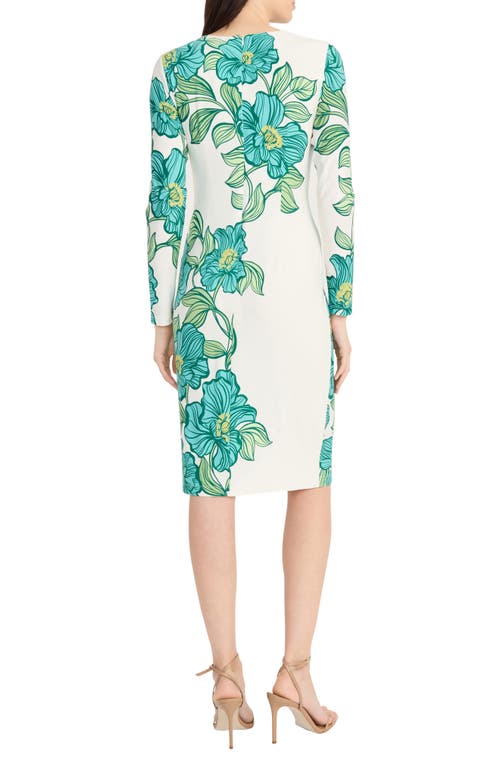 Maggy London Floral Long Sleeve Knit Midi Dress In White/green