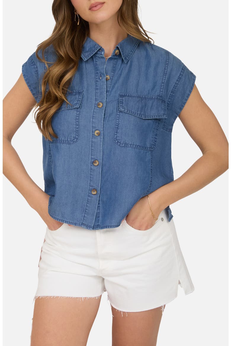 Flap Pocket Button Up Top, Main, color, CHAMBRAY