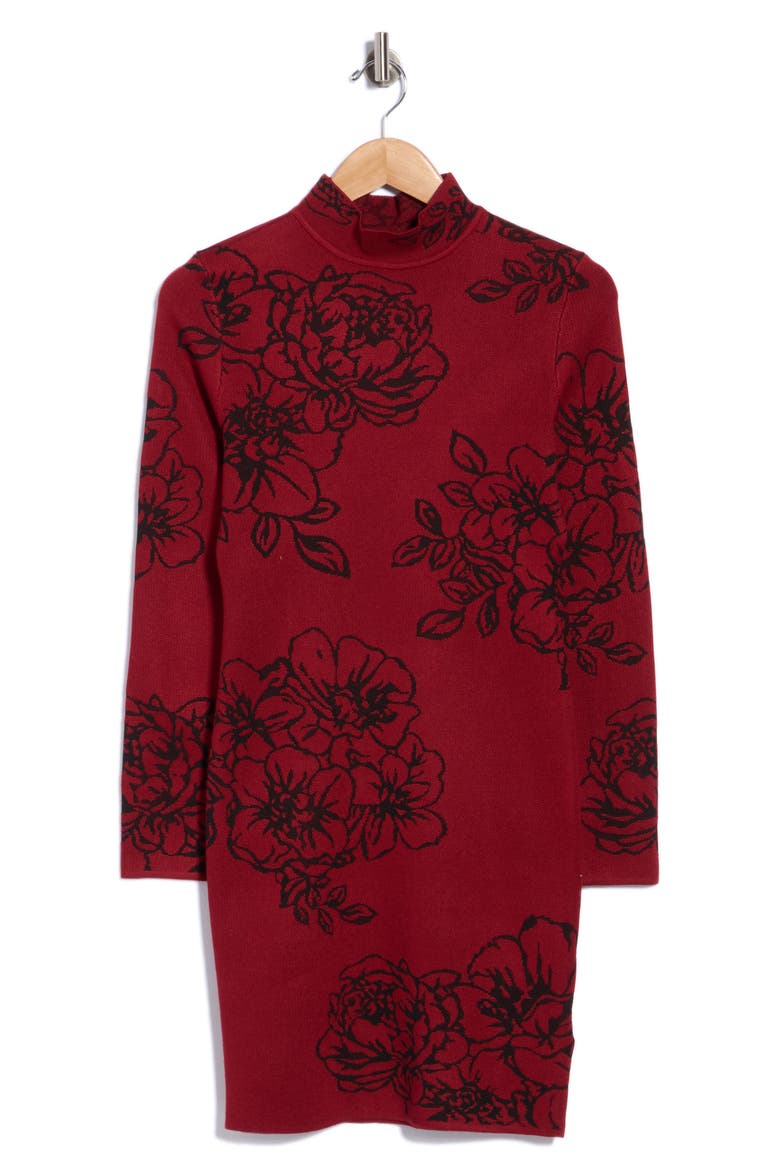 Floral Jacquard Mock Neck Minidress, Main, color, DEEP RED COMBO