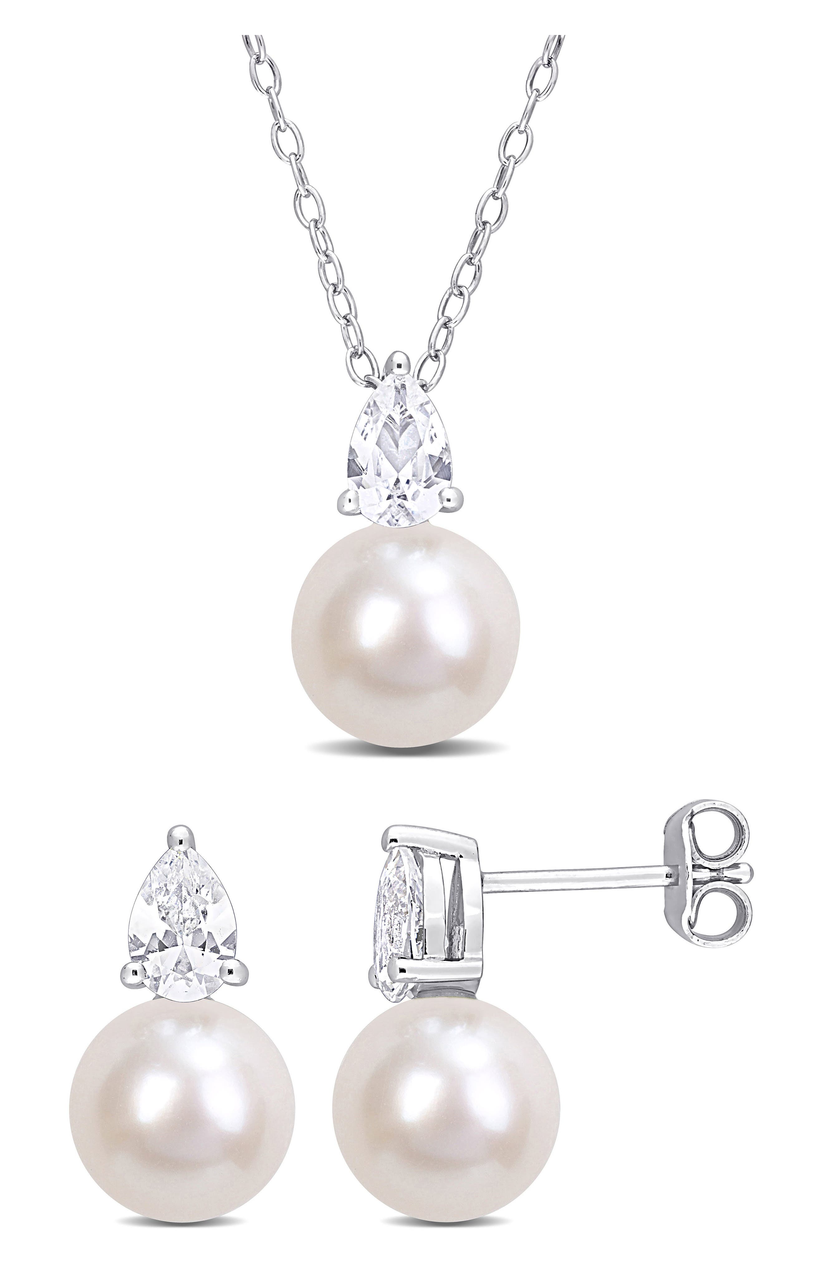 DELMAR Cultured Freshwater Pearl & Lab Created Sapphire Necklace & Stud Earrings Set