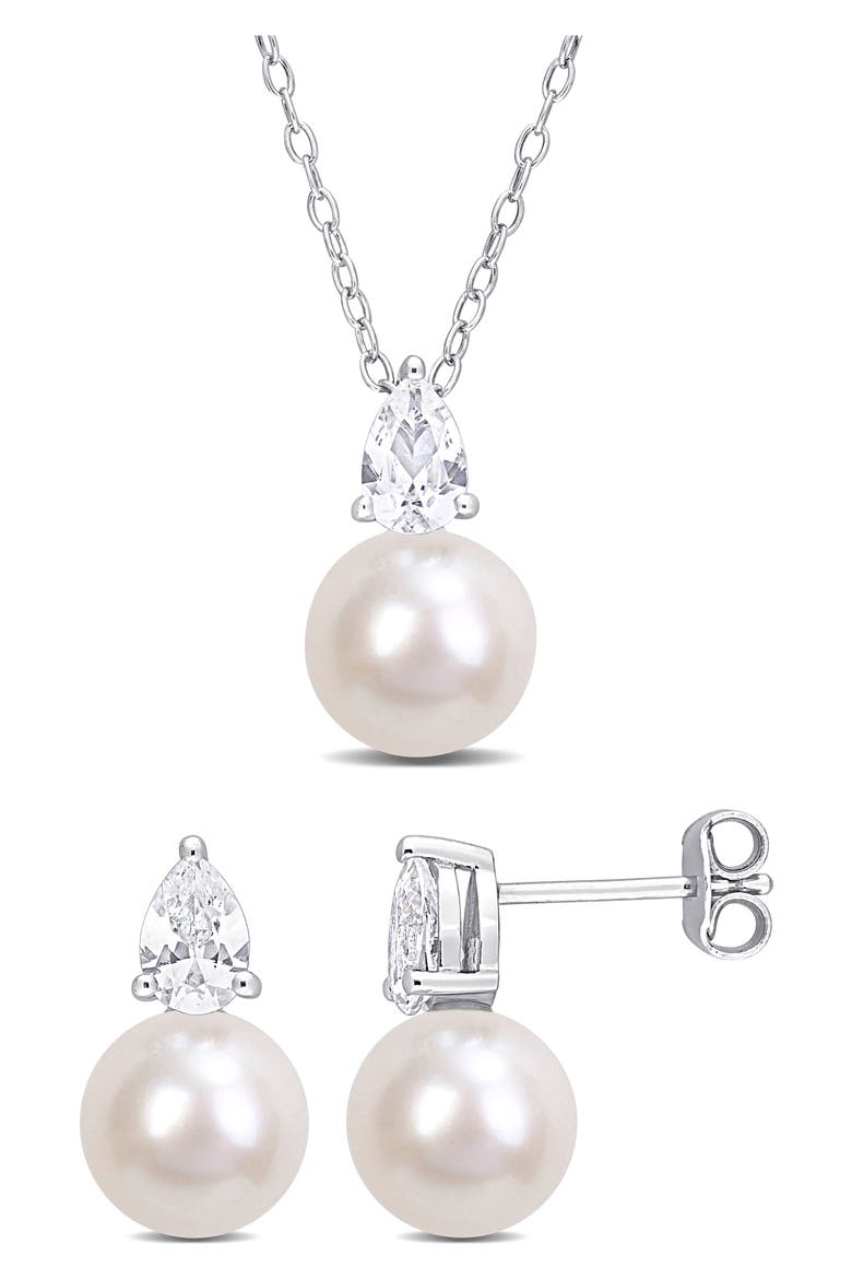 Cultured Freshwater Pearl & Lab Created Sapphire Necklace & Stud Earrings Set, Main, color, WHITE