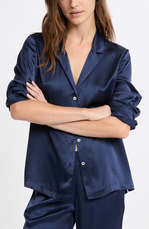 Pearly Silk Chemise Button-Up Pajama Shirt