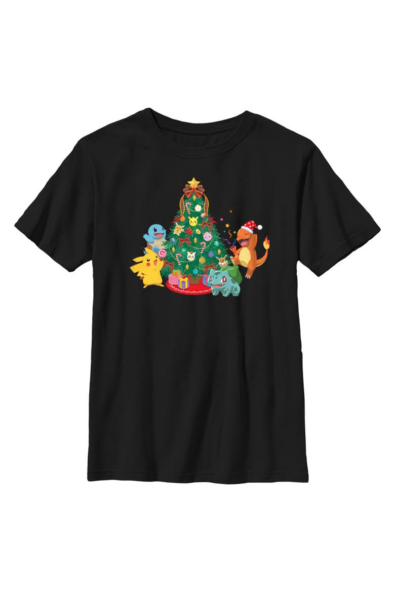 Boy's Pokemon Christmas Tree Characters  Graphic T-Shirt, Main, color, Black