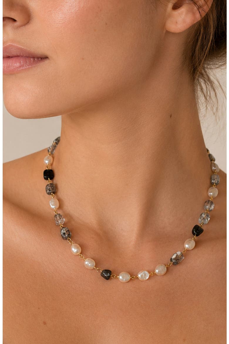 Rutilated Quartz & Imitation Pearl Necklace, Alternate, color, GOLD