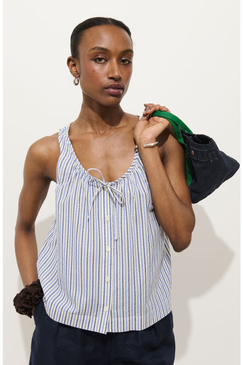 Sidney Stripe Sleeveless Linen Button-Up Top, Alternate, color, BLUE MULTI STRIPE