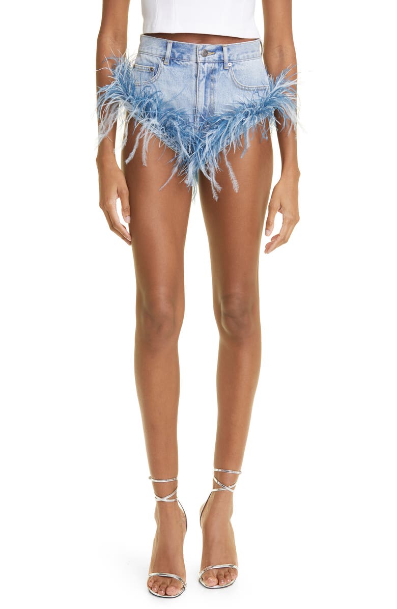 Area Feather Trim Nonstretch Denim Cutoff Shorts, Main, color, 