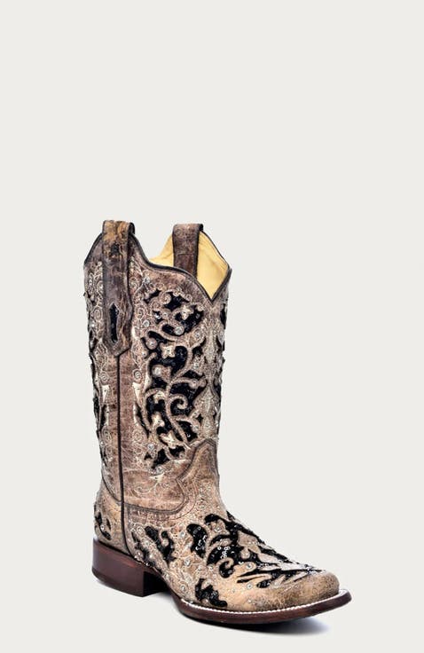 Cowhide Crystal Accent Studded Floral Detail Square Toe Western Boots