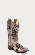 CORRAL Cowhide Crystal Accent Studded Floral Detail Square Toe Western Boots
