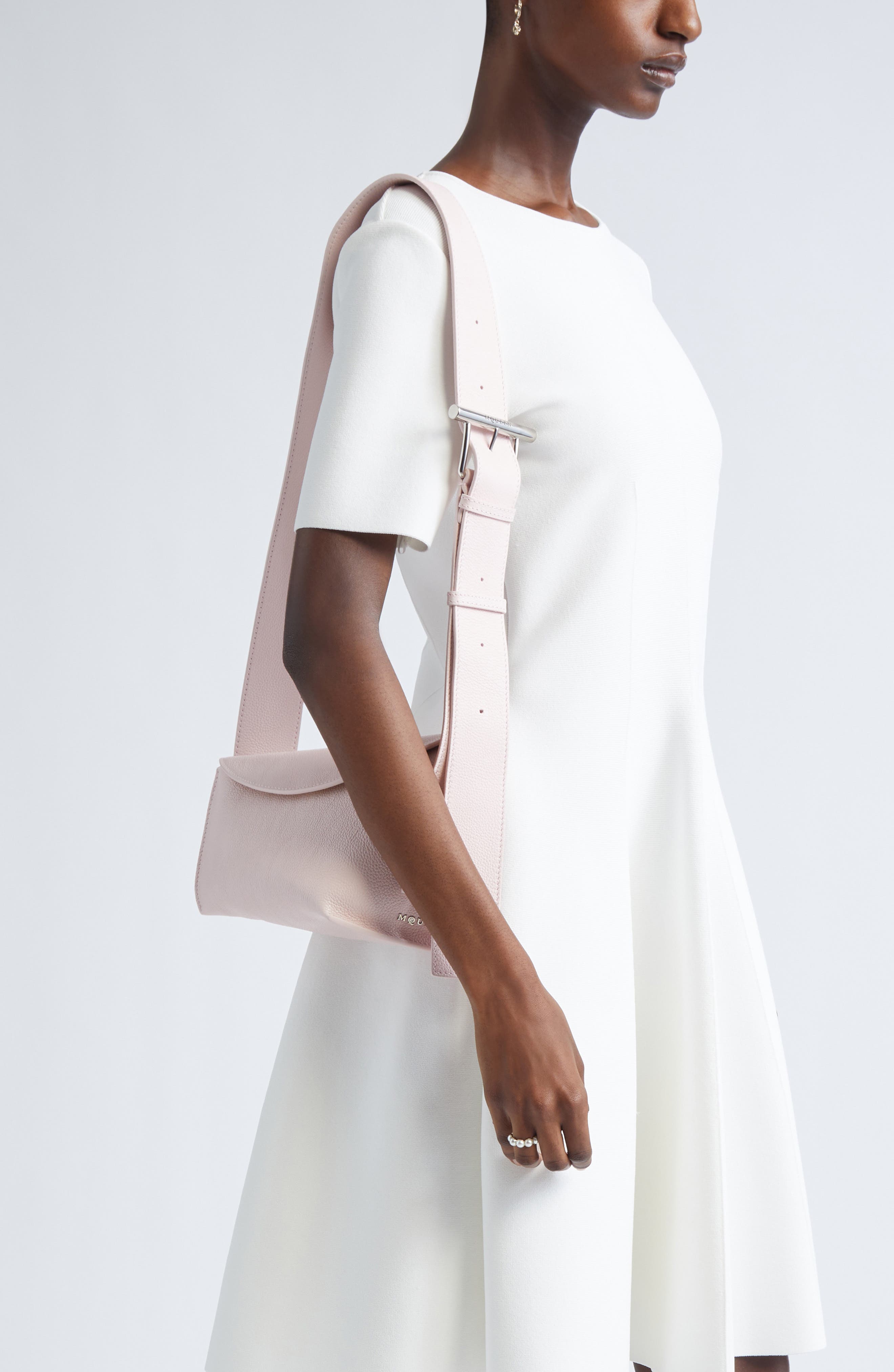 McQueen T-Bar Sling Asymmetric Leather Crossbody Bag, Alternate, color, Rose/ Silver