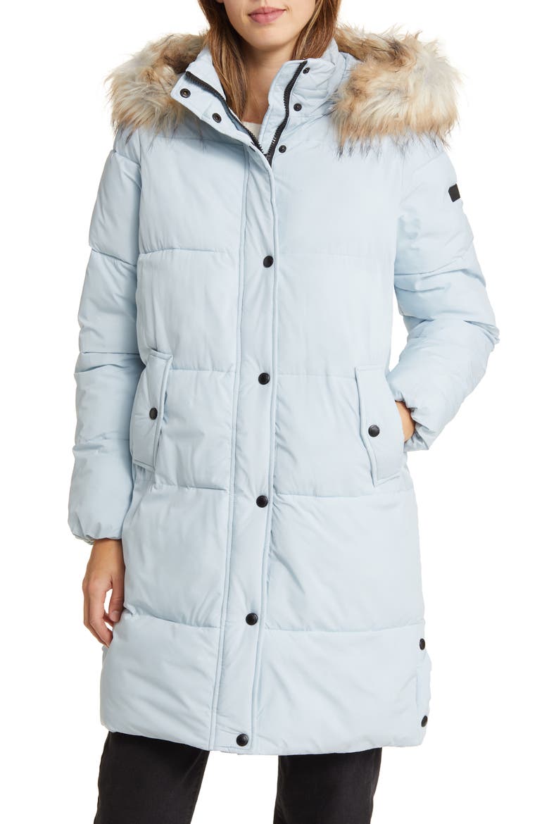 Hooded Puffer Coat with Faux Fur Trim, Main, color, PORCELAIN BLUE
