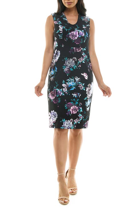 Floral U Neck Sleeveless Scuba Knit Sheath Dress