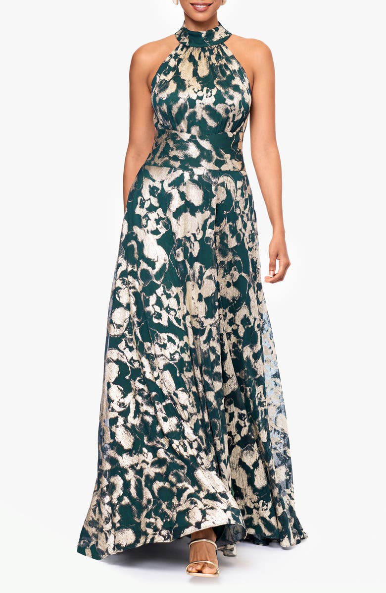 Betsy & Adam Metallic Floral High Neck Sleeveless Gown, Main, color, Green/Gold
