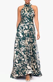 Betsy & Adam Metallic Floral High Neck Sleeveless Gown
