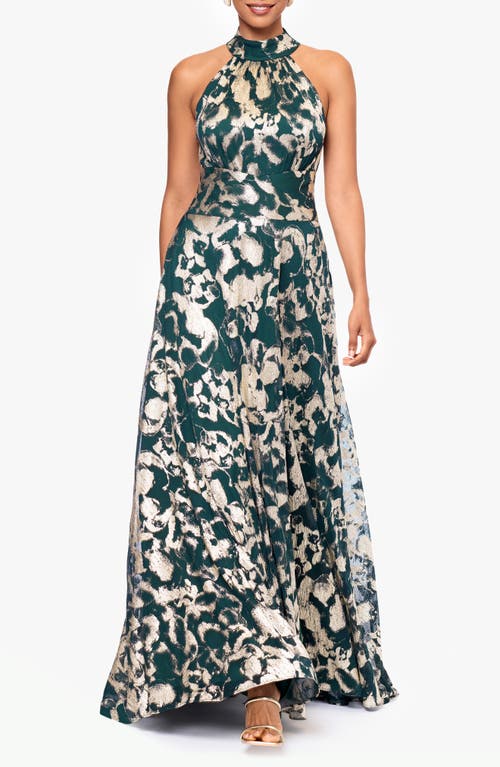 Betsy & Adam Petite High-neck Sleeveless A-line Gown In Green/gold