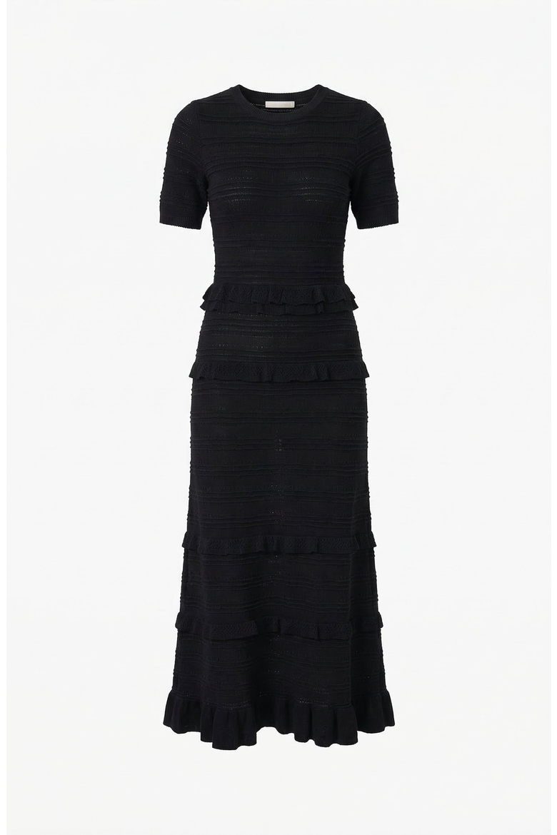 Textured Knit Midi Dress with Ruffle Trim, Alternate, color, Black