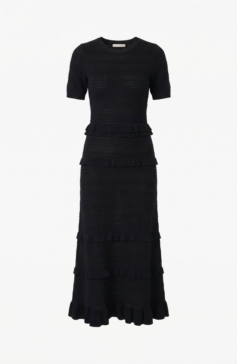 Modenaire Textured Knit Midi Dress with Ruffle Trim, Alternate, color, Black