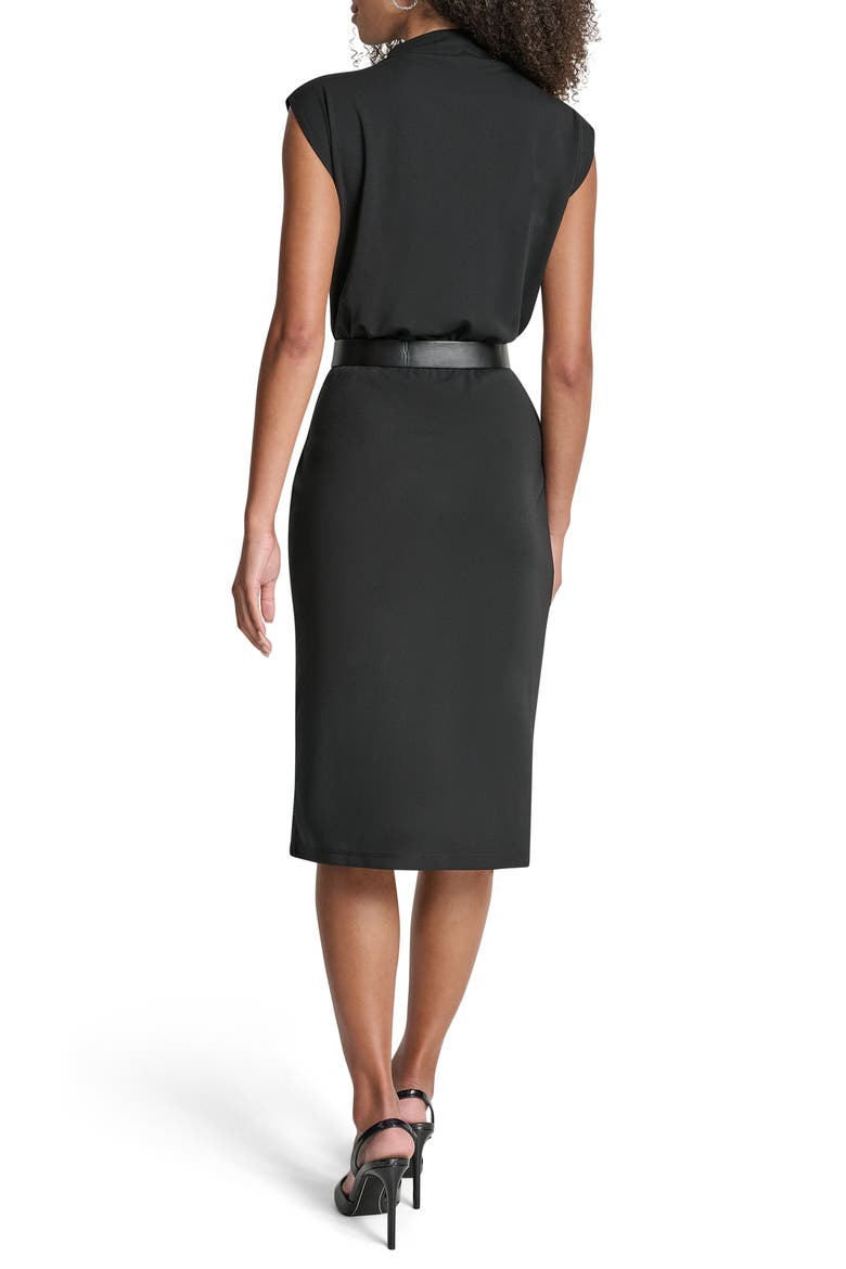 Funnel Neck Cap Sleeve Belted Dress, Alternate, color, BLACK/ IVORY