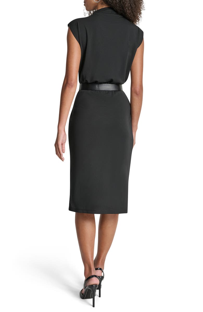 DKNY Funnel Neck Cap Sleeve Belted Dress, Alternate, color, Black/ Ivory