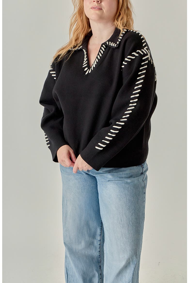 Blanket Stitch Detail Knit Top, Alternate, color, BLACK/ WHITE