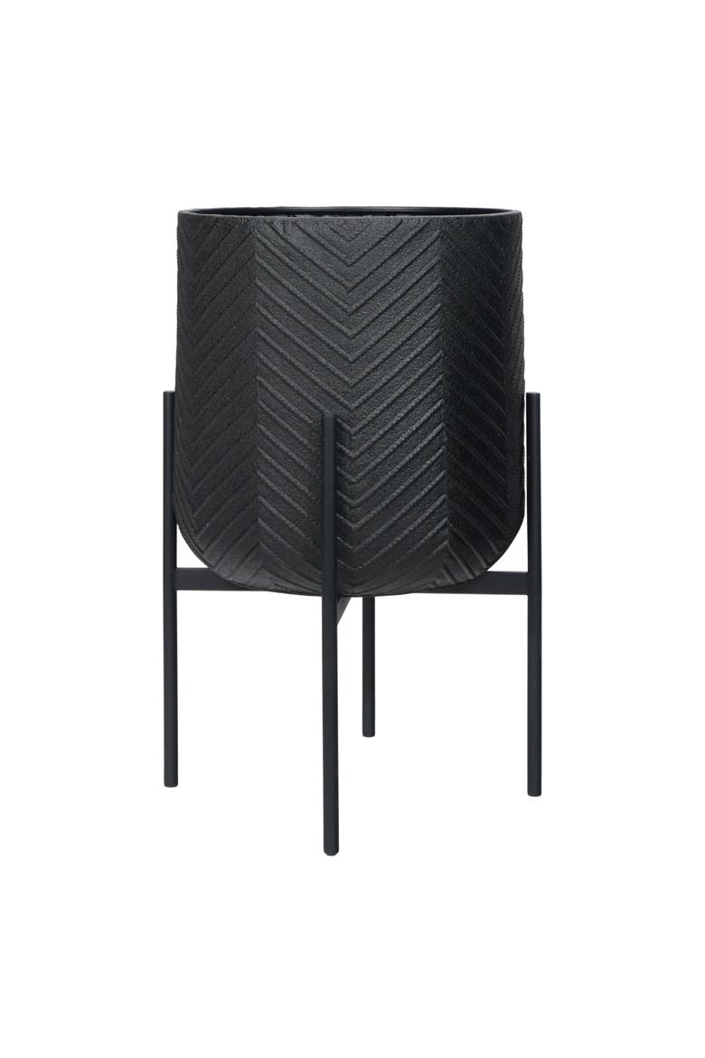 Round Metal Planter with Chevron Pattern on Stand, Black, Alternate, color, Black