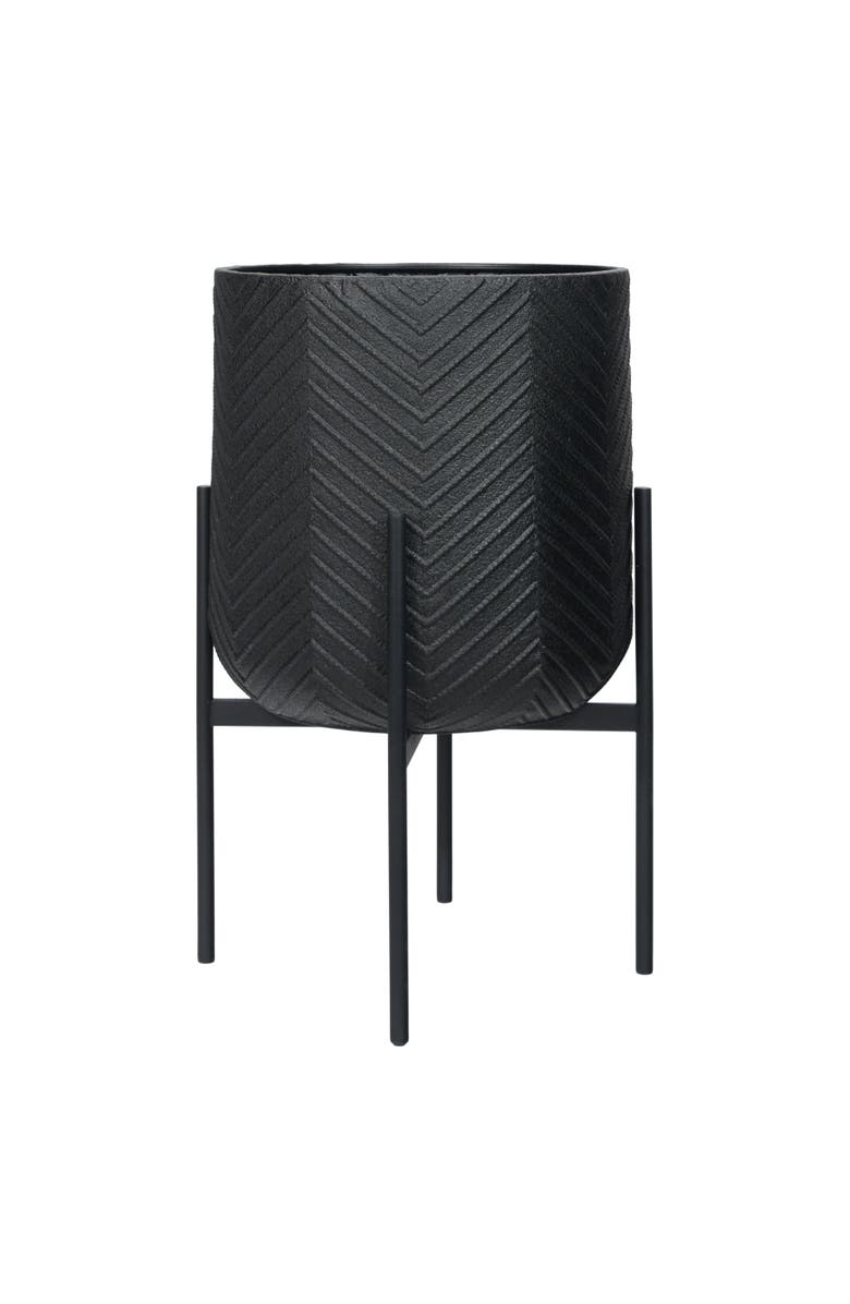 Storied Home Round Metal Planter with Chevron Pattern on Stand, Black, Alternate, color, Black