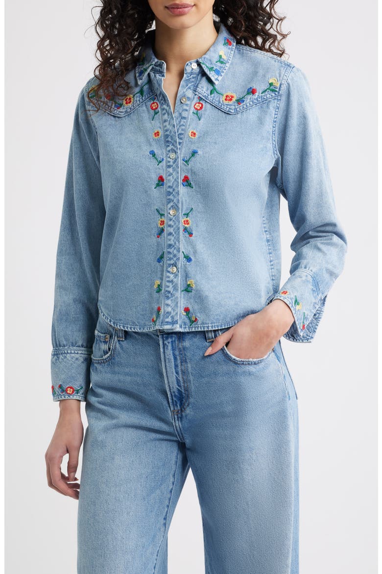 Bari Embroidered Western Chambray Button-Up Shirt, Main, color, FADED INDIGO FLORAL EMBROIDERY