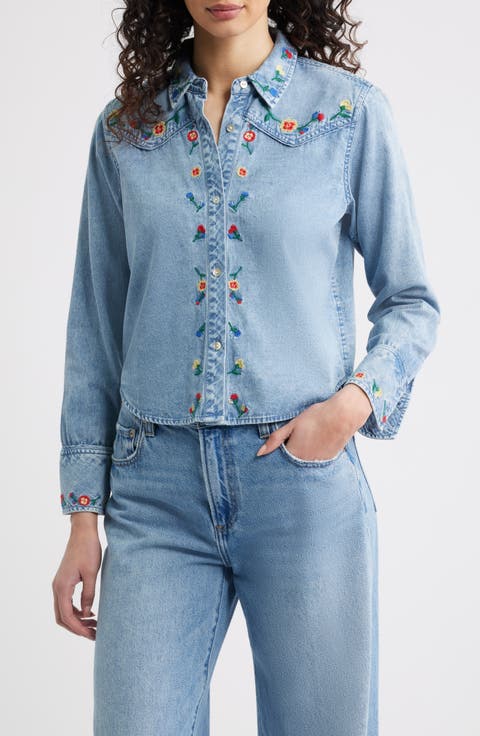 Bari Embroidered Western Chambray Button-Up Shirt