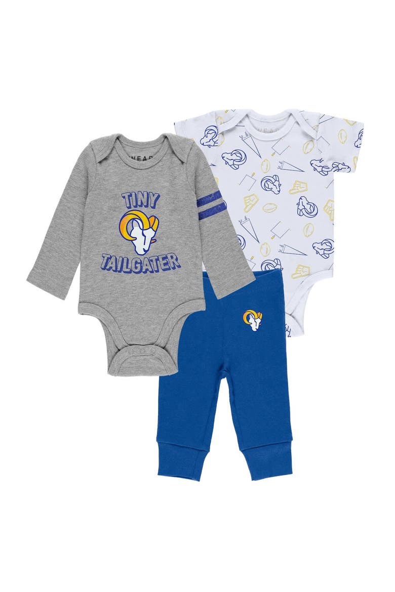 Newborn & Infant WEAR by Erin Andrews Gray/Royal/White Los Angeles Rams Three-Piece Turn Me Around Bodysuits & Pant Set, Alternate, color, Gray