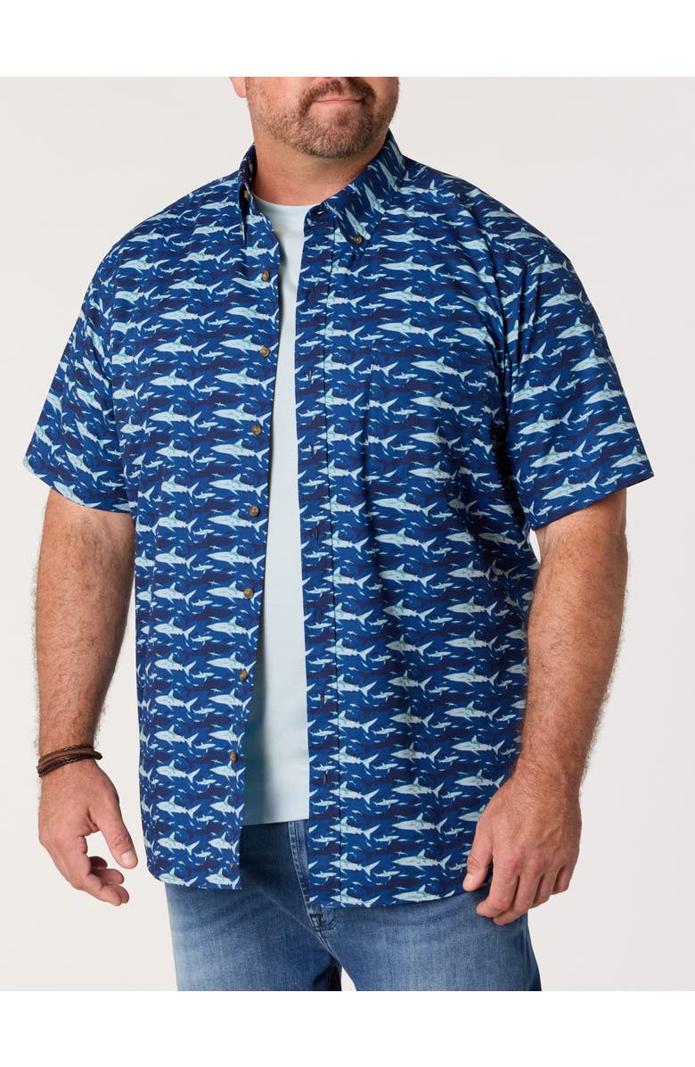 Harbor Bay by DXL Big & Tall Easy-Care Shark Print Sport Shirt V2, Main, color, Blue