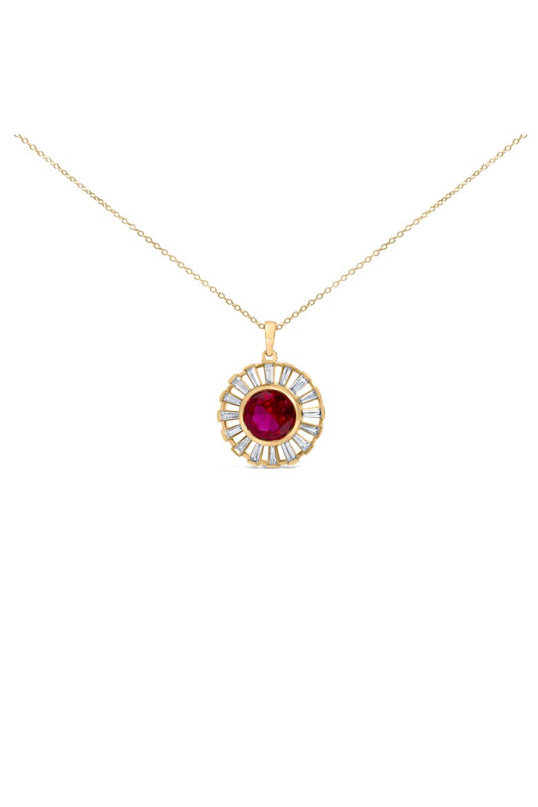 14K Yellow Gold Plated Silver Created Red Ruby and Baguette Diamond Sunburst Medallion Pendant Necklace, Main, color, Yellow Gold over Silver