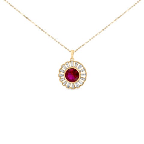 14K Yellow Gold Plated Silver Created Red Ruby and Baguette Diamond Sunburst Medallion Pendant Necklace