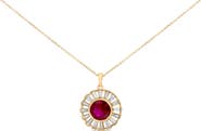 Haus of Brilliance 14K Yellow Gold Plated Silver Created Red Ruby and Baguette Diamond Sunburst Medallion Pendant Necklace