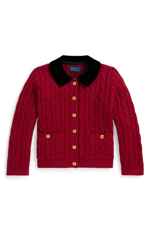 Kids' Velvet Trim Cotton Cable Knit Cardigan