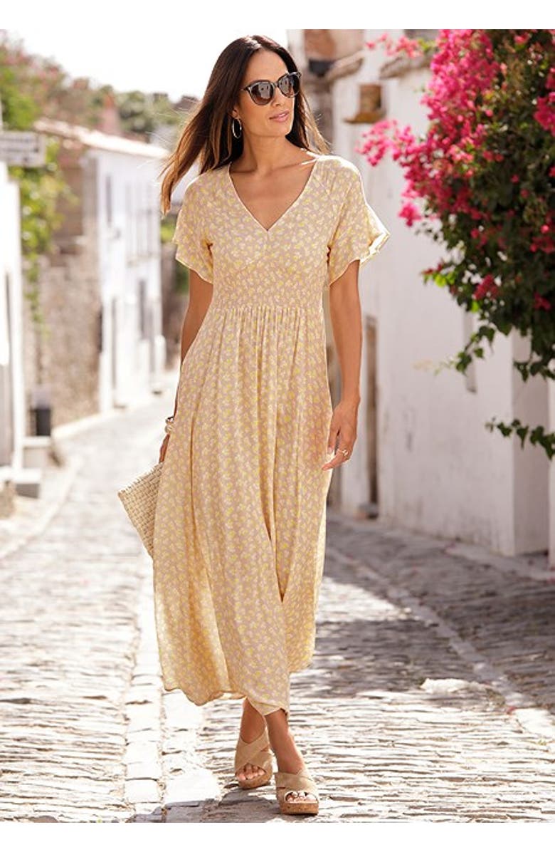 LASCANA Women's Floral V-Neck Dress, Alternate, color, Taupe Yellow