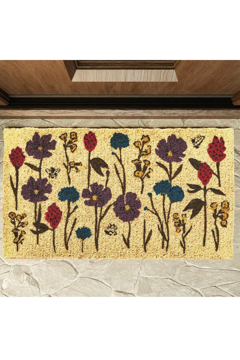 Bee Flowers Coir Mat Rectangle Indoor Outdoor Welcome Mat, Alternate, color, Yellow