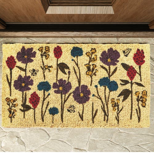Tag Bee Flowers Coir Mat Rectangle Indoor Outdoor Welcome Mat In Multi