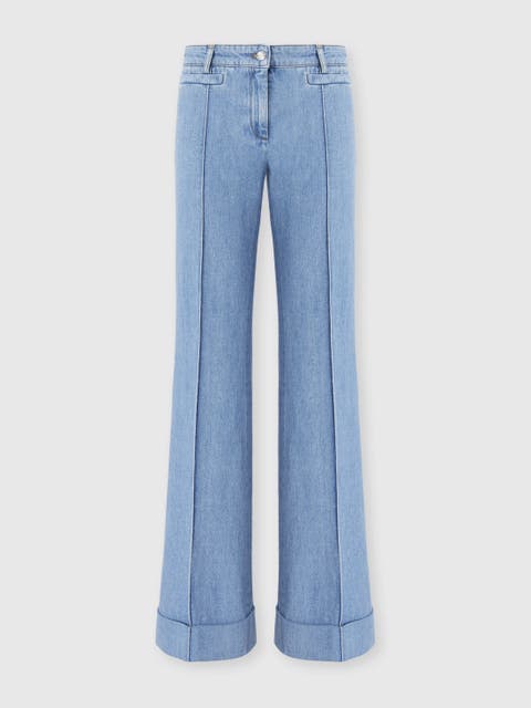 Denim Flared Trousers With Cuffed Hem And Center Crease