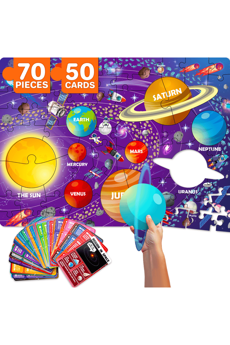 Kids Jigsaw Puzzles - 70 & 150 Piece Search & Find Riddle Puzzles with Flashcards, Main, color, 70Pcs Space